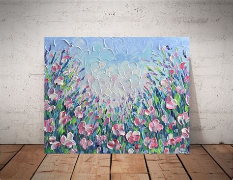 Pink Flower Field 16x20 Impasto Acrylic Painting Acrylic Painting