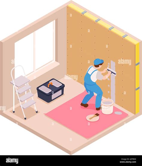 Isometric Repairs Composition With View Of Room With Character Of