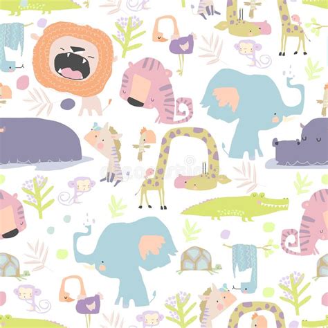 Seamless Pattern With Color Wild Animals On White Background Stock