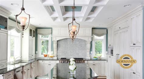 Kitchen coffered ceiling with dark stained beadboard paneling. Kitchen Ceiling Considerations : Normandy Remodeling