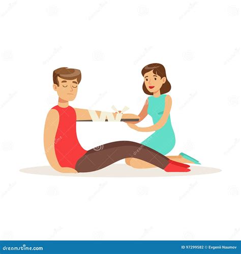 Woman Bandaging The Hand Of The Injured Man First Aid Vector