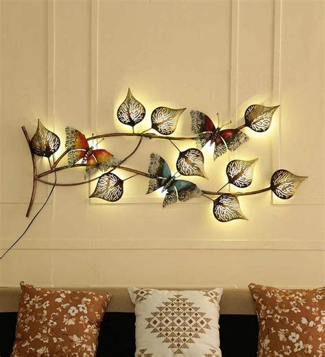 Buy Iron Butterfly On Leaf Wall Art With Led In Brown By Malik Design