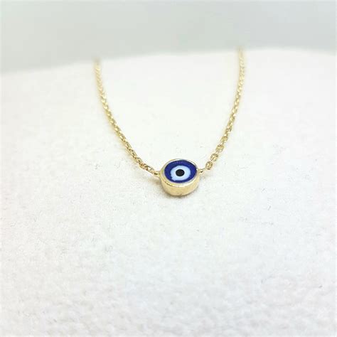 14K Real Solid Yellow Gold Evil Eye Pendant Necklace For Women Navy