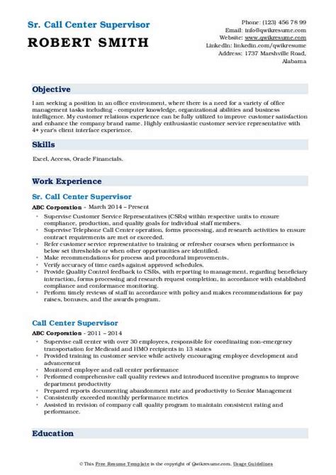 To be associated with progressive organization that gives me scope to apply my educational and professional skills and provides me with advancement opportunity and knowledge empowerment. Call Center Supervisor Resume Samples | QwikResume