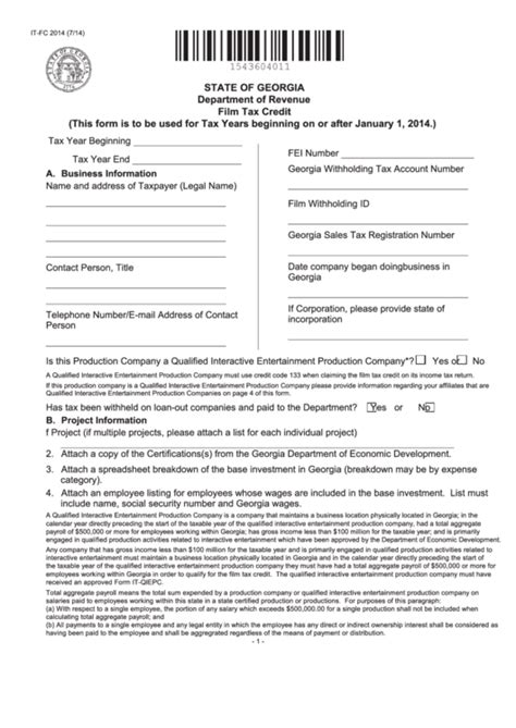 Download submitted form for resubmission. Fillable Form It-Fc - Film Tax Credit - 2014 printable pdf ...