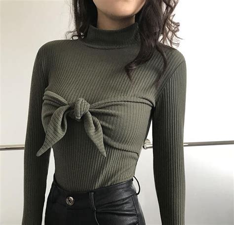 Itgirl Shop Stand Collar Ribbed Knot Bow Chest Slim Blouse Tumblr