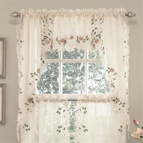 Semi Sheer Kitchen Curtain 24 Tier Swag Valance Set Rosemary Floral