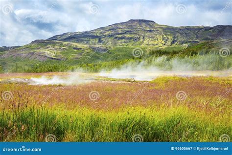 Colorful Volcanic Geyser Landscape At Haukadalur Geothermal Area In