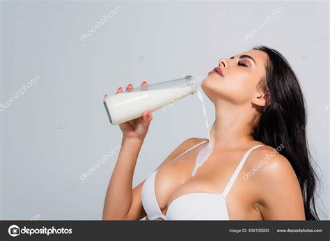 Sexy Woman Bra Holding Bottle Pouring Milk Body Isolated Grey Stock