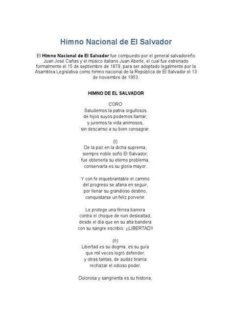 Himno Nacional De El Salvador Y Oracion A La Bandera Con Fechas Pdf