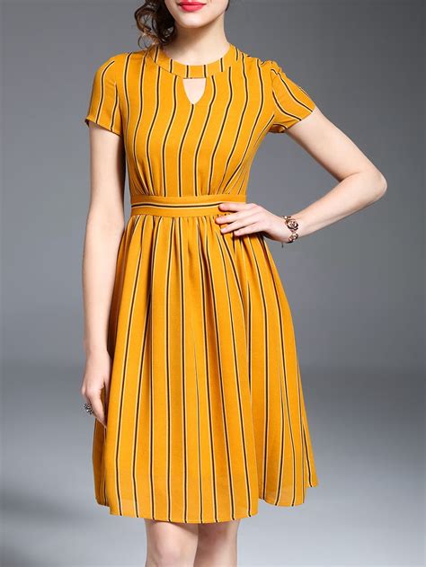 shop yellow hollow striped a line dress online shein offers yellow hollow striped a line dress