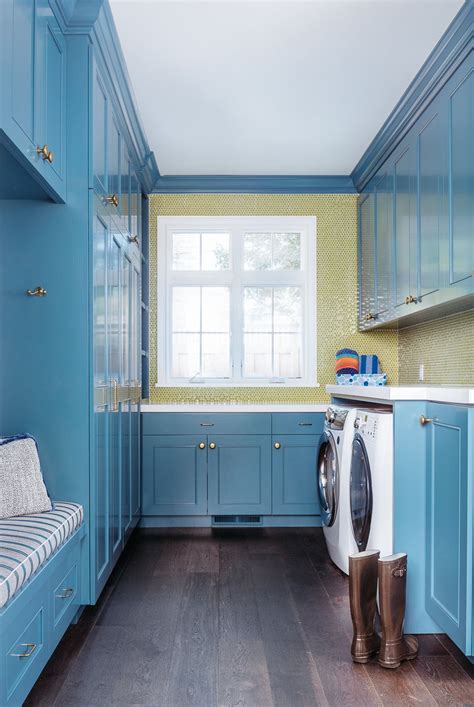 Bright Colorful Laundry Room With Blue Glossy Cabinets Evars