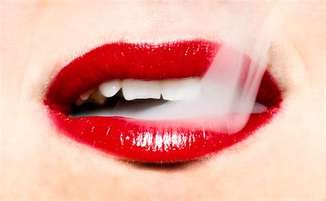 Smoke Coming From Mouth Woman With Bright Red Lips Stock Photo