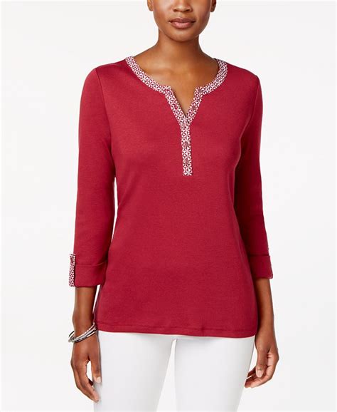 Karen Scott Petite Cotton Printed Trim Henley Top Created For Macys