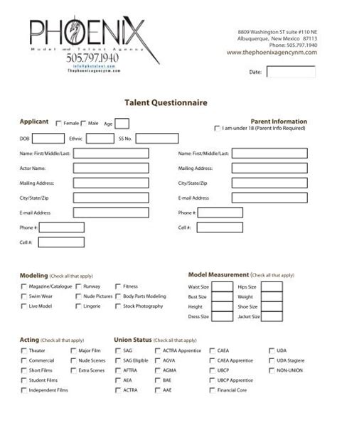 Talent Questionnaire The Phoenix Agency Nm