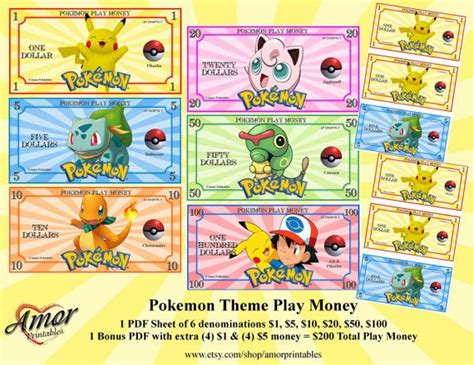 Pokemon Play Money Digital File By Amorprintables On Etsy Pokemon Binder Pokemon Theme Pokemon