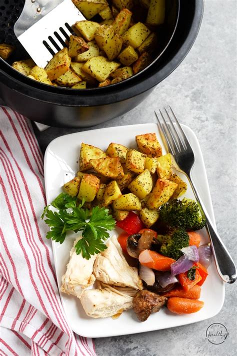 fryer air potatoes roasted garlic herbs tools chicken vegetables healthy plate fork
