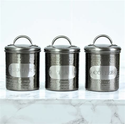 Same day delivery 7 days a week £3.95, or fast store collection. Set of 3 Hammered Grey Design Tea Sugar Coffee Canisters ...