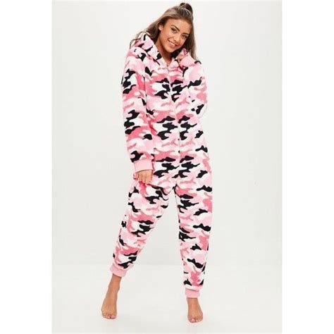 Missguided Camo Fleece Onesie Liked On Polyvore Featuring Pink