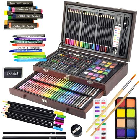 Sunnyglade 145 Piece Deluxe Art Set Wooden Art Box And Drawing Kit With