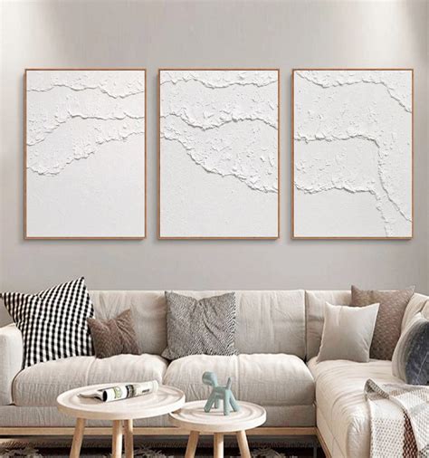 White Abstract Wall Art White Textured Wall Art Set Of 3 White Etsy