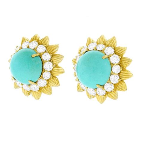 Persian Turquoise And Diamond Set Gold Earrings In Excellent Condition