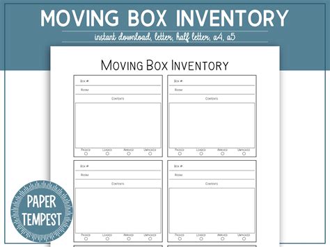 Printable Moving Box Inventory Template Moving Binder Insert Etsy