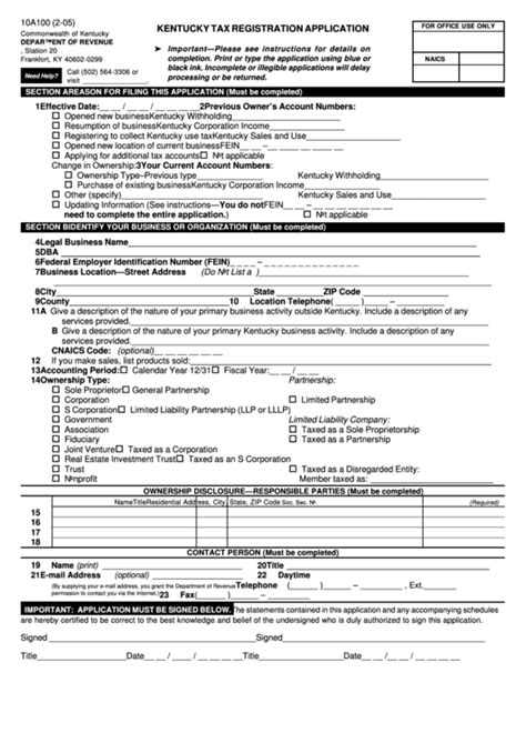 Form 10a100 Kentucky Tax Registration Application Printable Pdf Download