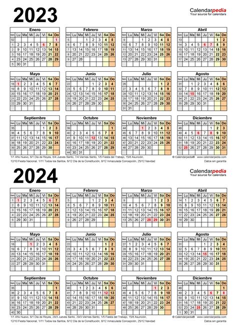 Calendario 2023 Y 2024 En Word Excel Y Pdf Calendarpedia Reverasite