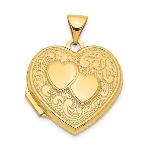 K Yellow Gold Double Heart Photo Pendant Charm Locket Chain Necklace