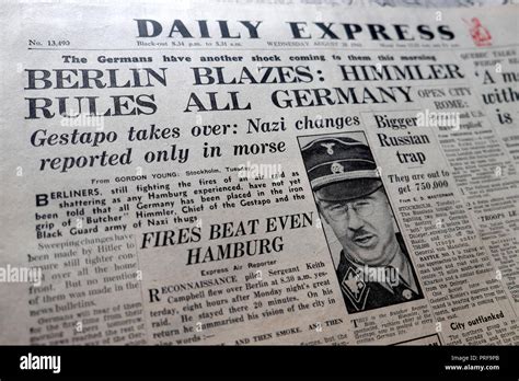 Front Page Headlines Of The Daily Express Newspaper Berlin Blazes Himmler Rules All Germany