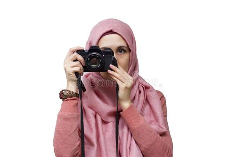 Muslim Woman In Hijab Taking Photo By Vintage Slr Camera Stock Photo Image Of Adult Islamic