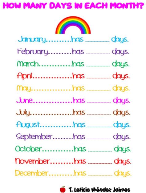 How Many Days In Each Month Worksheet Days In Each Month Calendar