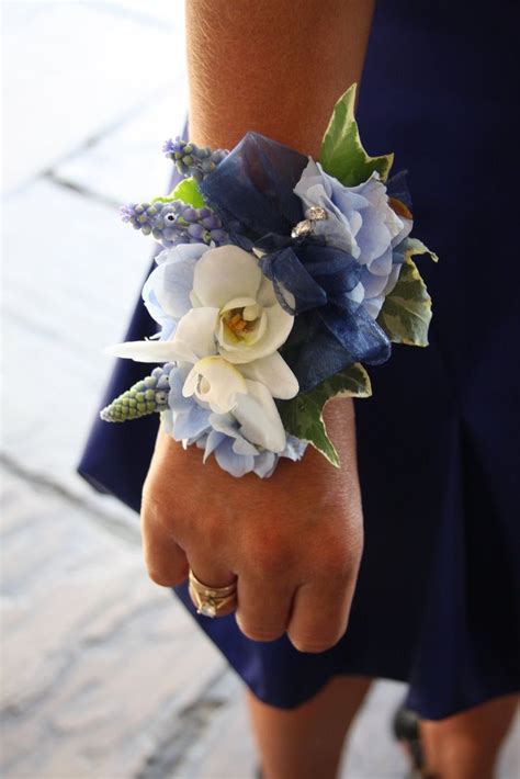 Blue And Ivory Wrist Corsage Of Small Phalaenopsis And Hydrangeas Prom