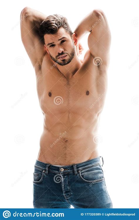 Hombre Sin Camisa Sexy En Jeans Aislados Imagen De Archivo Imagen De Morena Vaqueros