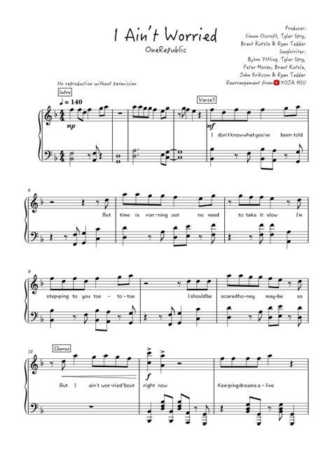 I Ain T Worried Arr YOJA HSU Sheet Music OneRepublic Easy Piano