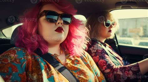 Two Plus Size Women Driving A Car Two Overweight Friends Went On A