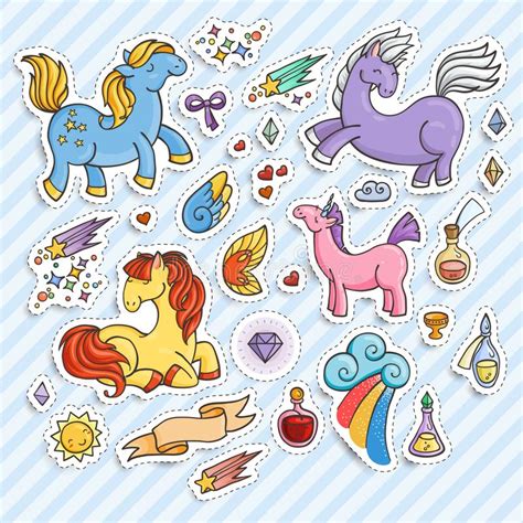 Set Of Magic Stickers With Unicorns Wings And Potions Stock Vector