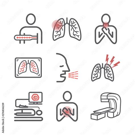 Lung Cancer Symptoms Causes Treatment Line Icons Set Vector