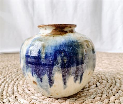 Vintage Handmade Ceramic Vase With Blue Glaze Glazed Ceramic Ceramic