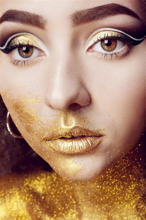 Magic Girl Portrait In Gold Golden Makeup Stock Image Image Of