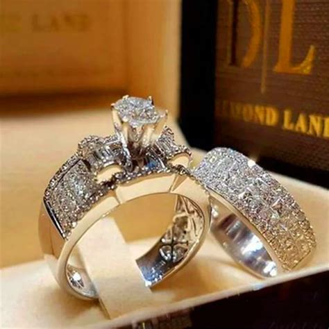 Boho Women Crystal White Round Ring Set Brand Luxury Promise Silver
