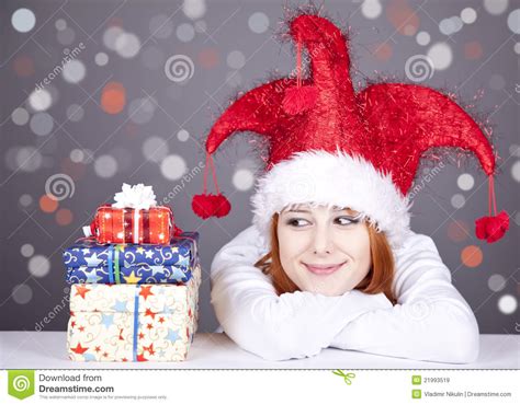 Girl In Christmas Cap With Gift Boxes Stock Image Image Of Pretty Cheerful