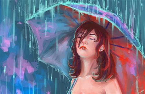 Painting Art Rain Umbrella Redhead Girl Fantasy