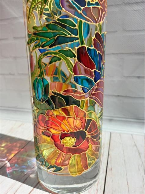 Stained Glass Vase Hand Painted Poppies Vase Lamp 102 In Etsy Stained