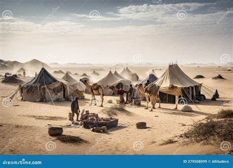 Nomadic Tribe Setting Up Camp In The Desert With Tents And Camels