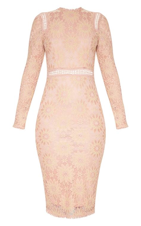 dusty pink long sleeve lace bodycon dress prettylittlething