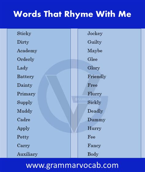 Words That Rhyme With Me Me Rhymes Words Grammarvocab