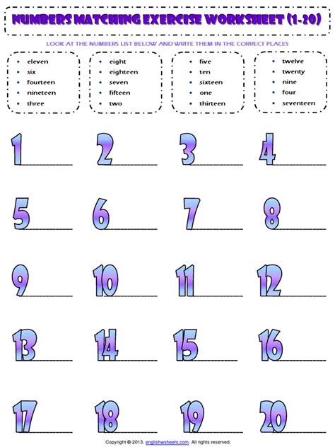 Numbers 1 To 20 Esl Vocabulary Matching Exercise Worksheetpdf