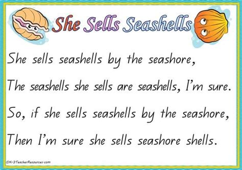 She Sells Seashells By The Seashore Printable A4 Page Large Print Pages Sentence And Word Re